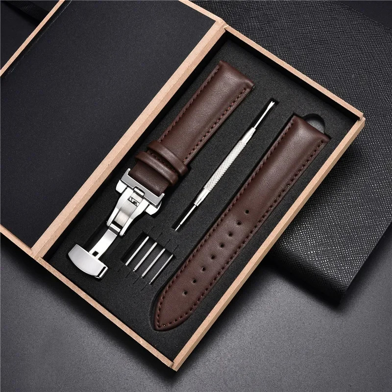Calfskin Stainless Steel Automatic Buckle Watch Strap 18mm 20mm 22mm 24mm Mens and Womens Business Gift Box Packaging 241225