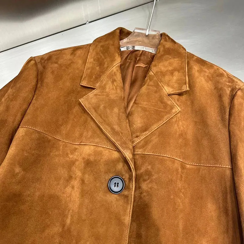 Vintage Brown Kid Suede Jacket for Women 2023 High Sense Loose Oversized Leather Suit Blazer Female Casual Coat Streetwear 241225