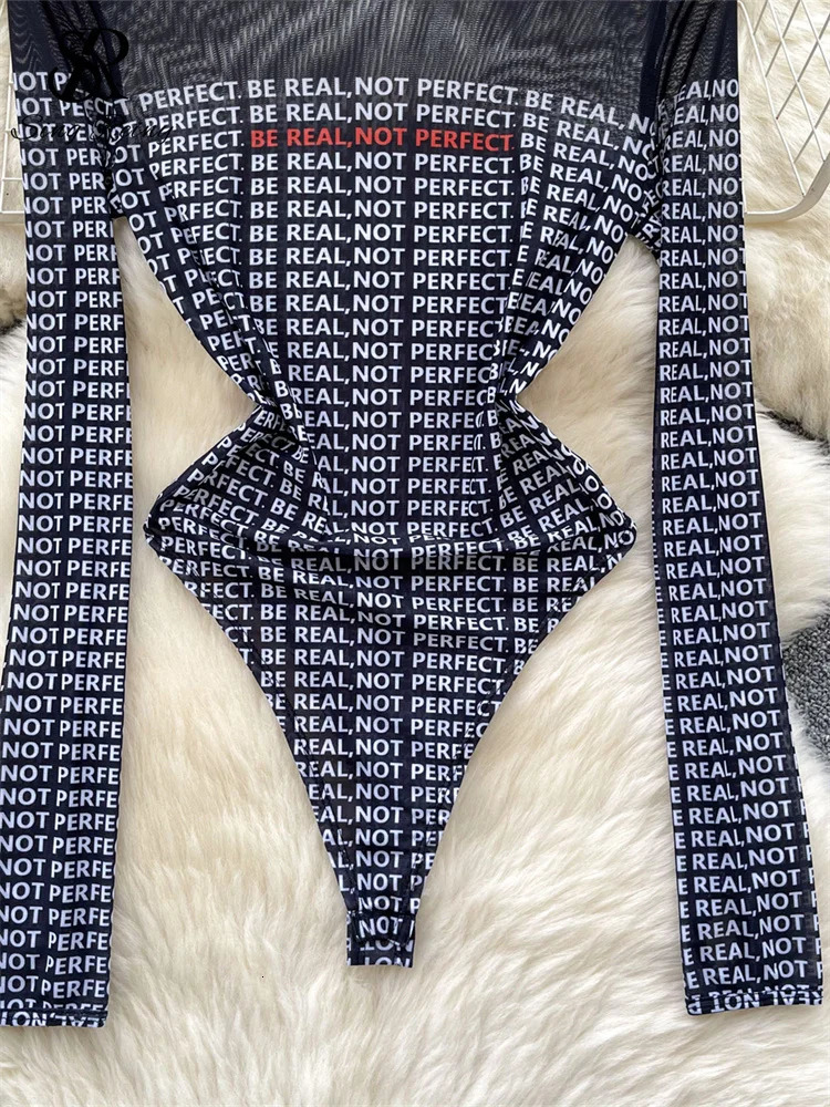 SINGREINY Sexy Ladies Bodysuits Long Sleeves Transparent Letter Print Chic American Fashion Slim sweet Mesh Playsuits 241225