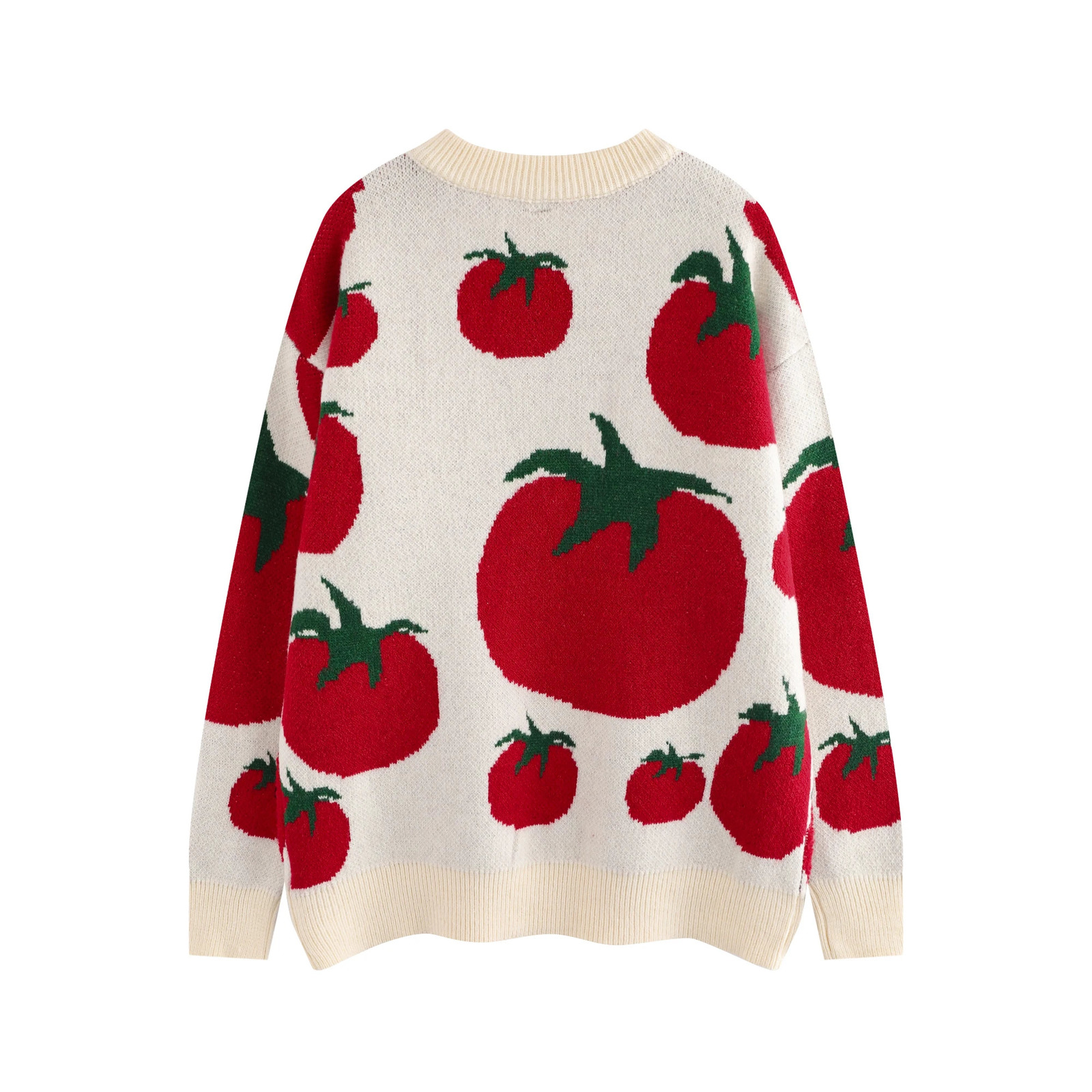Japanese Fashion Knitwears Y2k Autumn and Winter Tomato Embroidery Knitted Sweater Mens Round Neck Cartoon Jumpers 241225