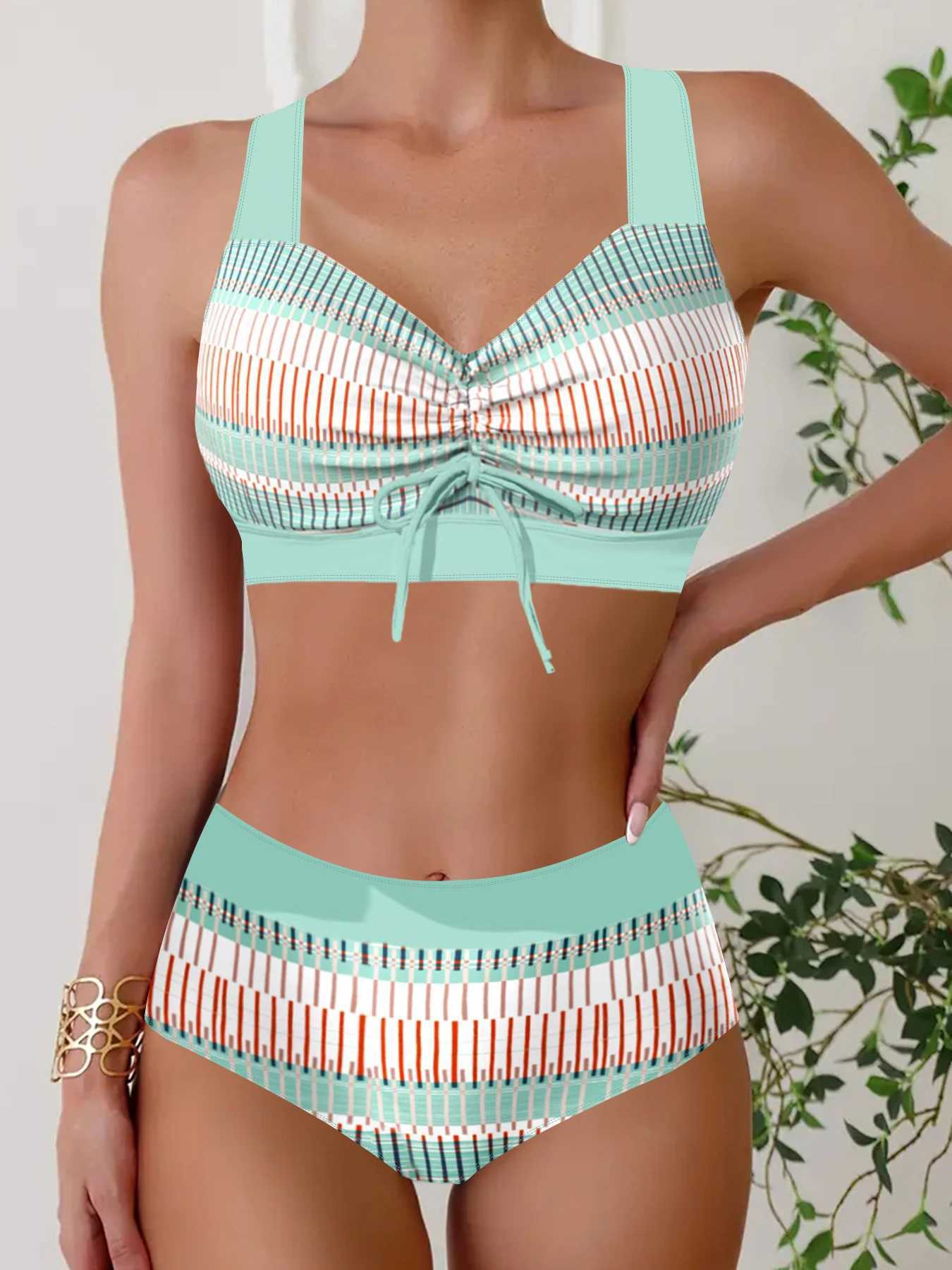 Summer Fashion Comfortable Resort Swimsuit Womens Seaside Bikini Pink Printed Swimsuit Two Piece S-6XLW241225