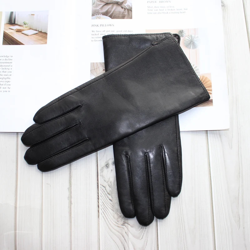 womens leather color gloves sheepskin classic straight style knitted lining spring driving mittens autumn 241225
