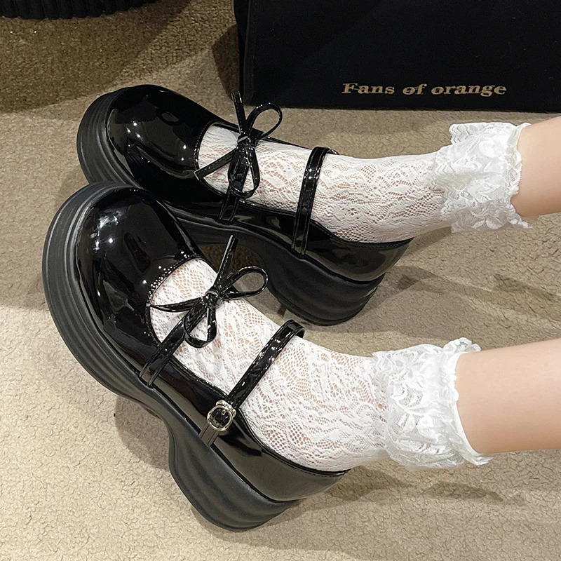 Black Chunky Platform Mary Jane Shoes for Women Autumn Patent Leather Pumps Woman Thick Bottom Bowknot Lolita Shoes Ladies 241225