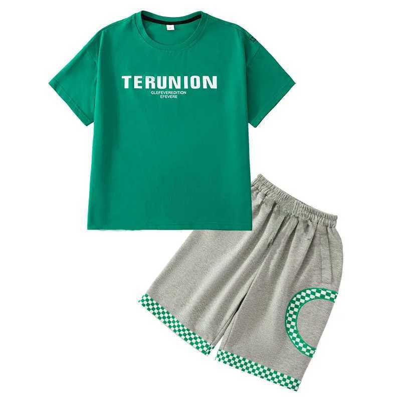 Clothing Sets Summer boys cotton letter cartoon T-shirt top+patch work flat pants set school childrens track and field clothes childrens 2PCS set 5-14