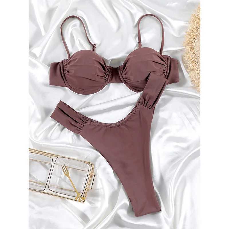 Rinabe Solid bikini push up swimsuit 2024 womens swimsuit bead bikini set mini thong Brazilian Biquini summer swimsuitW241225