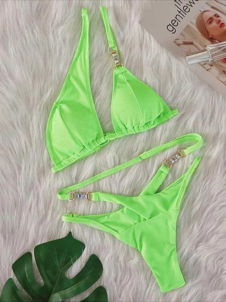 Circyy Pink Sexy Swimsuit Womens One Shoulder Bikini Set Lace Upward Shining Diamond Swimsuit Drawer Divided into Two BiquinisW241225