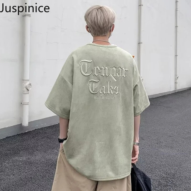 American Retro Embroidery Oversize Short-sleeved T-shirt Mens Summer Suede Loose Casual High Street Tops Shirts Male Clothes 241224