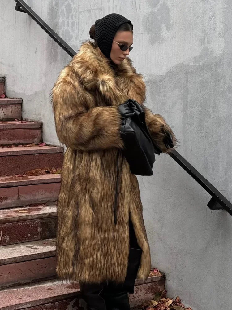 Fashion Solid Lapel Long Faux Fur Overcoat For Women Casual Thicken Warm Fluffy Plush Jackets Lady Winter Outerwear 2024 241223