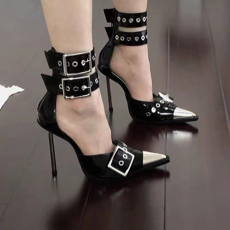 2024 New Ultra-Fine Punk Style Rivet High Heel Women's Pointed Metal Belt Hollow-Out Fashion Bao Head Roman Sandals