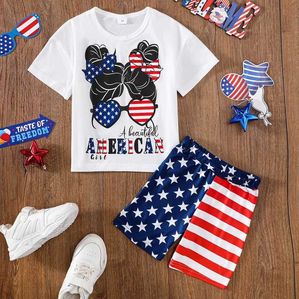 Clothing Sets 2PCS Summer Kids Girls Clothing Set Letter Printed Top+Independence Day Patterned Shorts Fashion Outfits for Children 4-7 YearsY241225VN