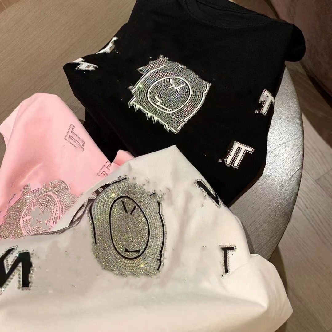 Women's T-Shirt Womens loose o-neck short slve cotton fabric rhinestone letter shinny bling t-shirts MLXL H25215