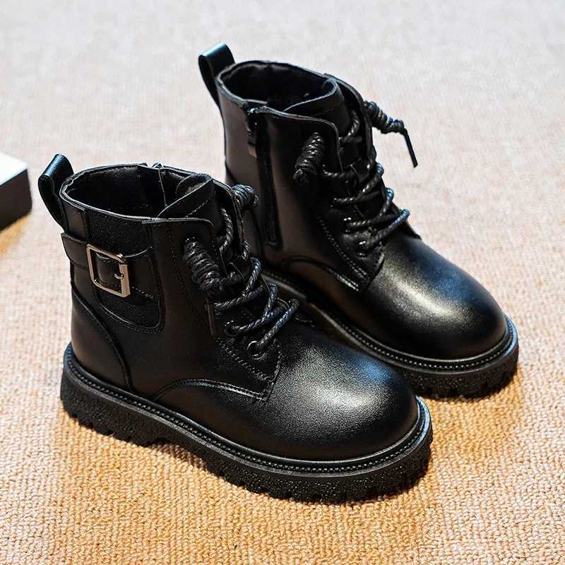 Athletic Outdoor Black Girls Boots 4 To 14 Years Fashion Autumn Winter Children Shoes Leather Non-slip British Style Ankle Boots for Girl Shoes H24122