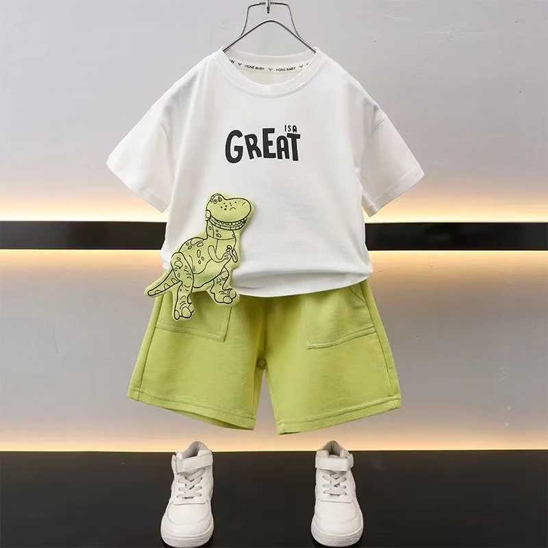 Clothing Sets Summer childrens girls and boys clothing set childrens cartoon dinosaur short sleeved zipper top and shorts 2-piece set letter setY24122