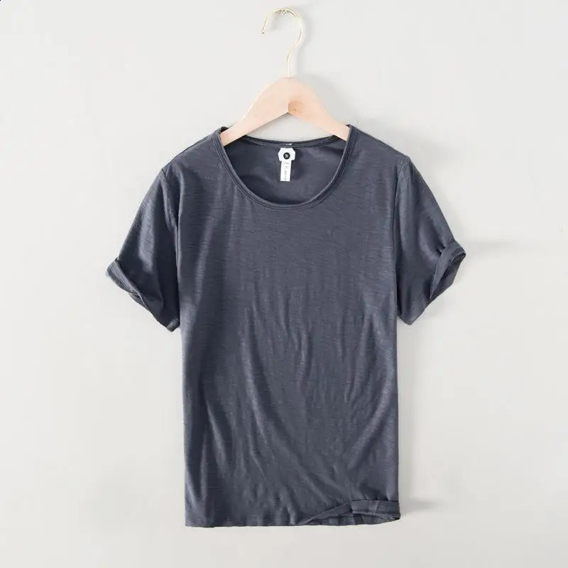 Cotton 100 Summer High end Boutique Mens Casual Round Neck Short sleeved Tshirt Pure Color Male Thin 241223