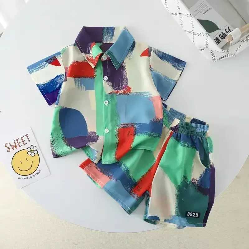 Clothing Sets Summer Kid Clothes Boys Girls Print Lapel Shirt Shorts Suit Watercolor Tie Dyeing Beach Wear Fashion Top and Bottom 2pcs SetY2412250BX4