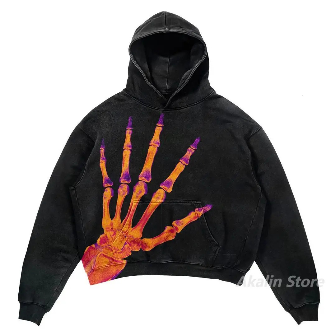 American style Skull hand Printing Hoodies Women Oversized harajuku streetwear women Tops Couples Sweatshirt Goth Y2k Clothes 241224