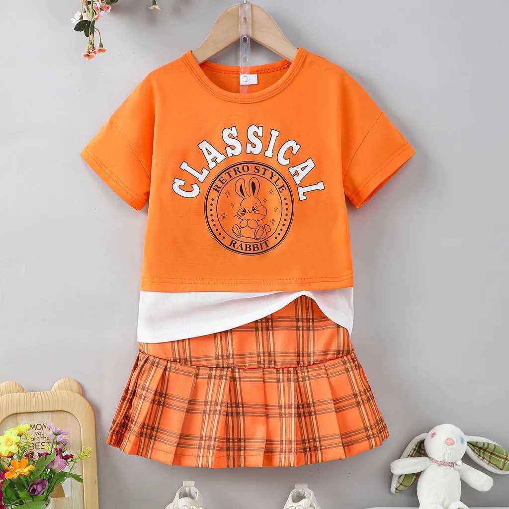 Clothing Sets 2PCS Children Girl Summer Clothes Set Short Sleeved Letter Print T-shirt+Plaid Skirt School Style Outfit Suit for Kids 4-7 YearsY241225C