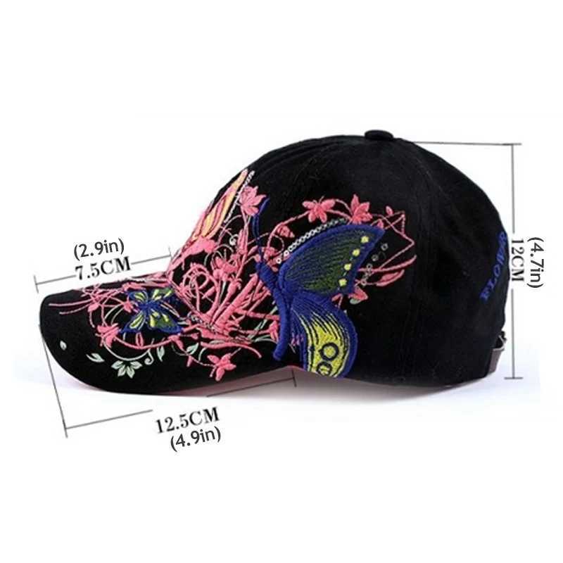 Embroidered butterfly baseball cap suitable for women soft cotton snap button sun protection cap adjustable outdoor sports golf leather cap W241225