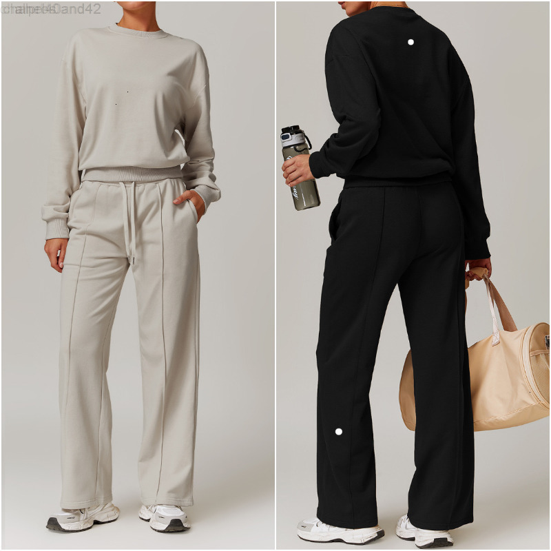 Women Yoga Outfit Yoga Sets Pullover Long Sleeve Tops Pants Bell-bottom Trousers Sport Gym Running Long Pant Elastic High Waist Sportwear Sweatershirt New