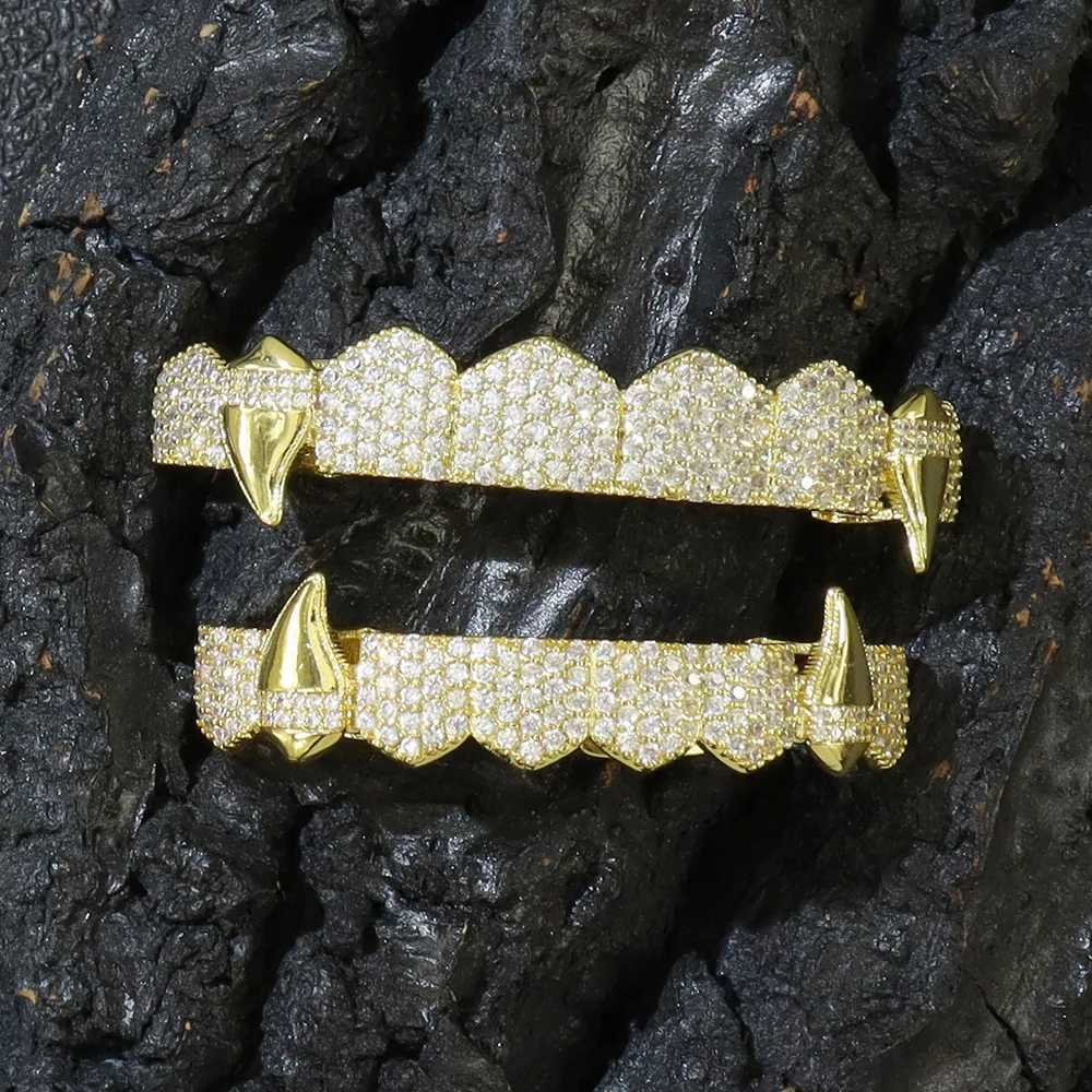 TrendMen Hiphop Rock Vampire Copper Zirconia Tooth Socket Dental Crown For Men Boys Gold Color Metal Crystal Party Jewelry GiftsXJ241225