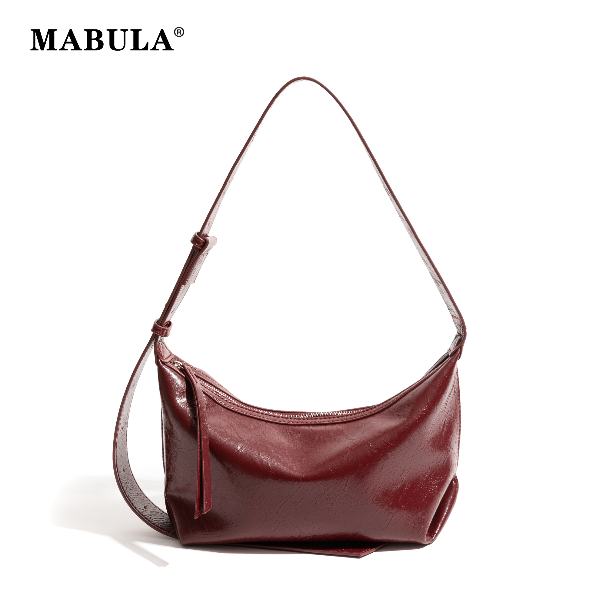 MABULA Vintage PU Leather Half Moon Handbag Fashion Women's Solid Color Shoulder Bag Adjustable Strap Smooth Zipper Phone Purse