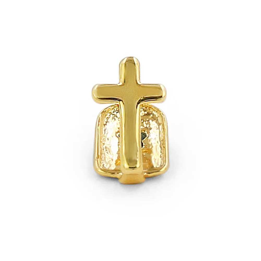 Single Cross Teeth Grillz Yellow Gold Color Plated Canine One Tooth Grills Upper Hip Hop Top Fangs Hollow GrillXJ241225