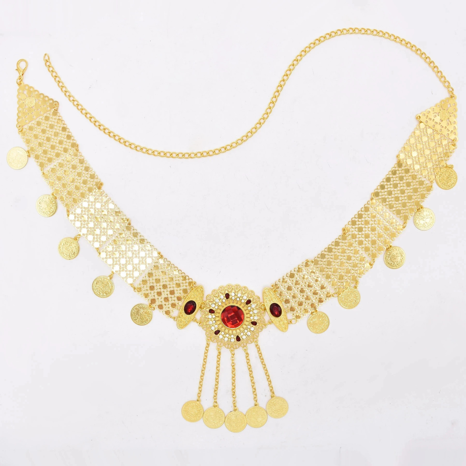 Bohemian Golden Metal Red Crystal Flower Waist Belly Chain For Women Dance Belt Hollow Coins Pendant Body Jewelry Accessory 241225
