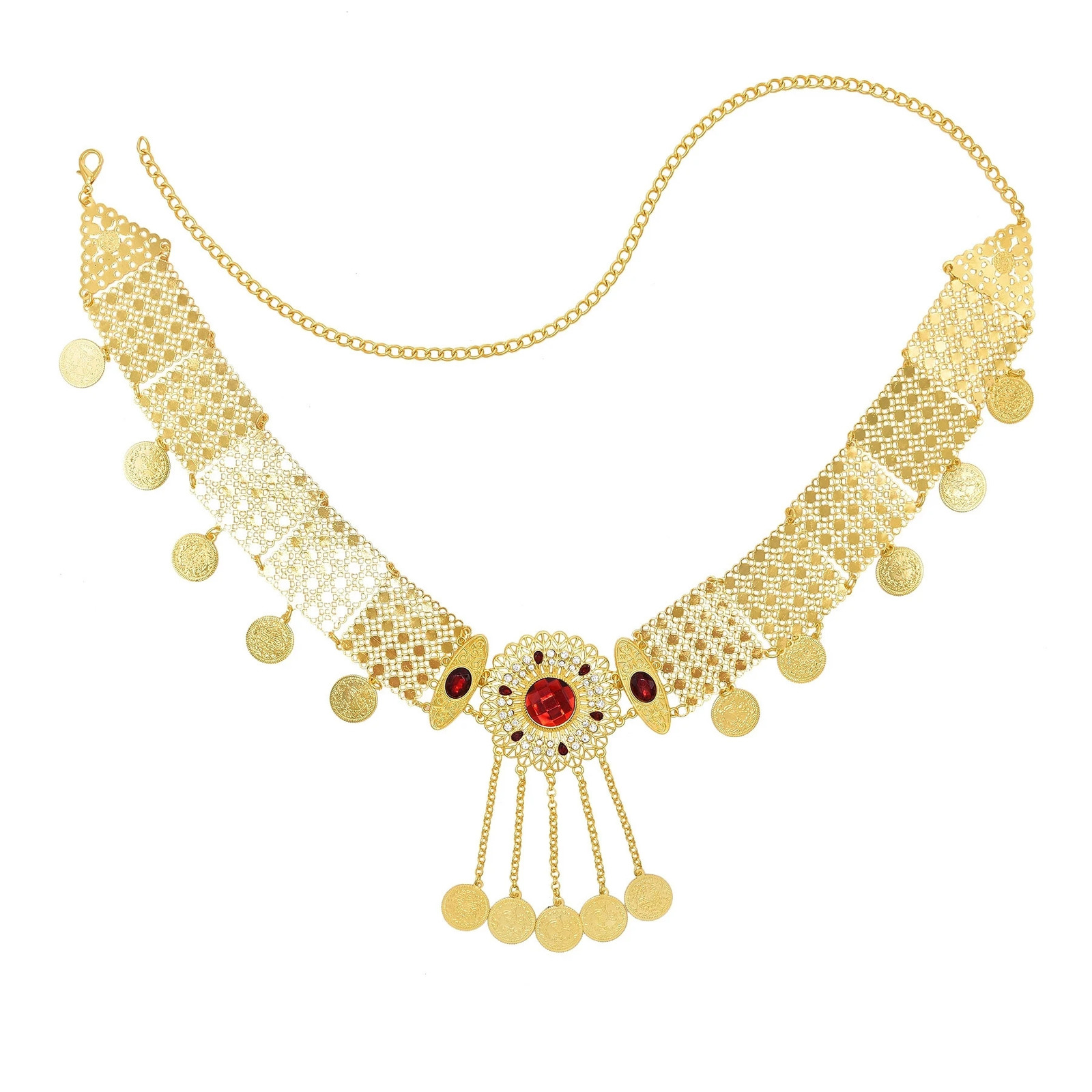 Bohemian Golden Metal Red Crystal Flower Waist Belly Chain For Women Dance Belt Hollow Coins Pendant Body Jewelry Accessory 241225