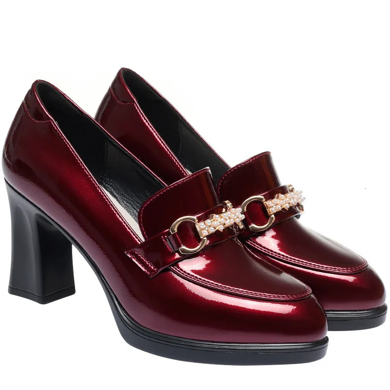 High Quality Pumps for Women Solid Color Thick Heel Soft Leather Shoes Patent Leather British Woman Round Toe High Heels Shoes 241225