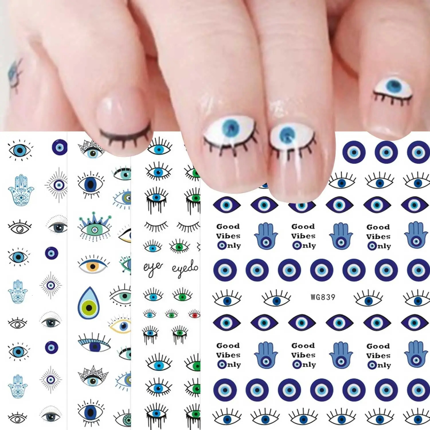 Evil Eyes Nail Art Stickers Decals 7 Sheets 3D Self Adhesive Turkish Blue Eye Khamsah Hand of Fatima Cartoon n Manicure 241225