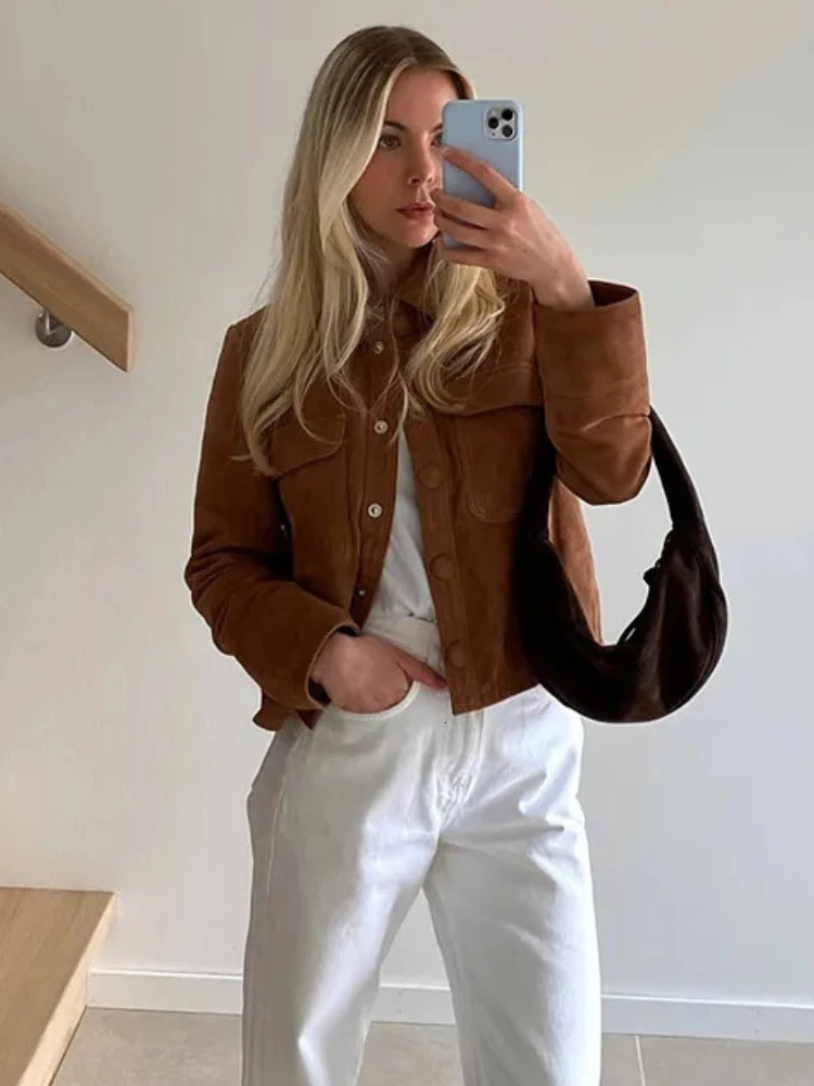 ZBZA Women Brown Suede Leather Jacket Vintage Lapel Single Breasted Long Sleeve Pocket Slim Outerwear Fall Winter Lady Chic Top 241220