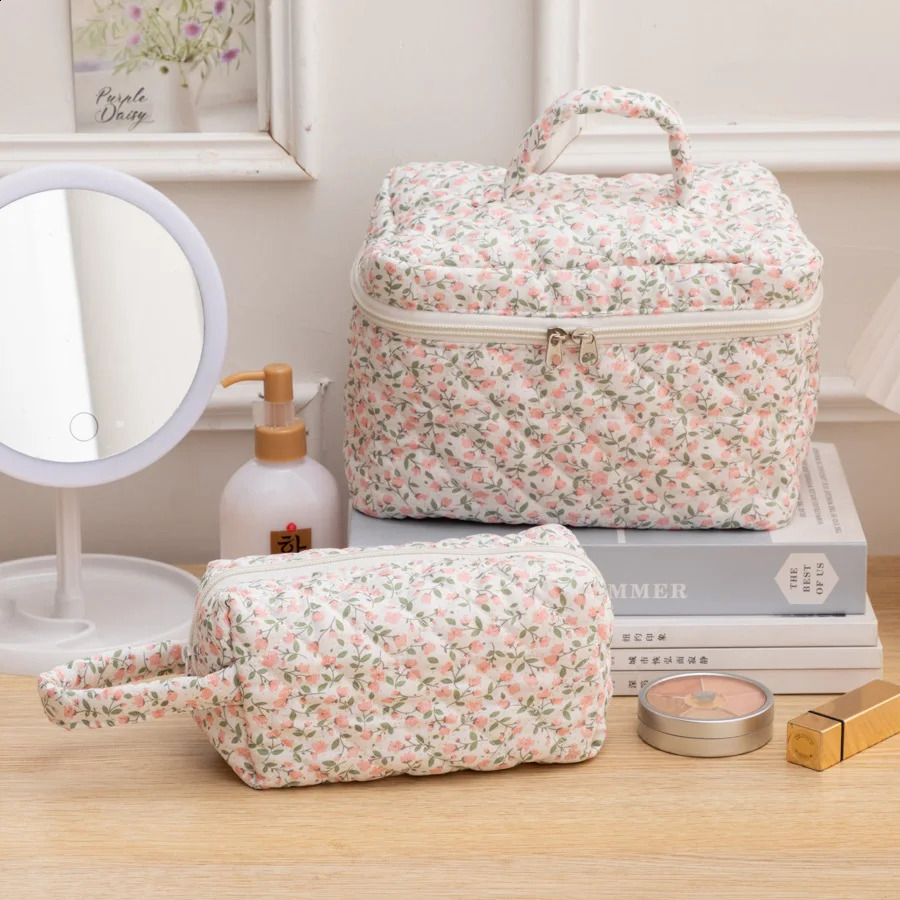3 Pcs Cotton Quilted Makeup Bag SetFloral Makeup Bag Travel Makeup BagLarge Toiletry Cosmetic Bag Makeup Bag Organizer 250221