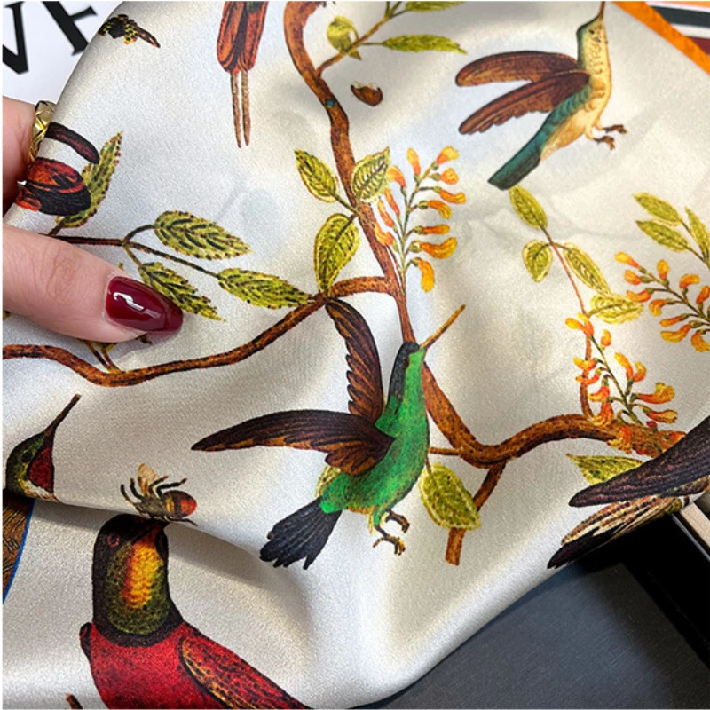 Birds Scarf for Women faux Natural Silk Shawls Foulard Fashion Square Neckerchief Soft Bandana 68cm SD0502 241225