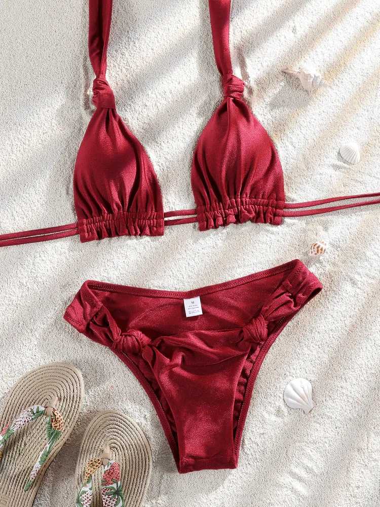 ZRTAK red womens swimsuit bikini thong swimsuit knot Biquini beachwear solid swimsuit sexy two-piece bikini setW241225