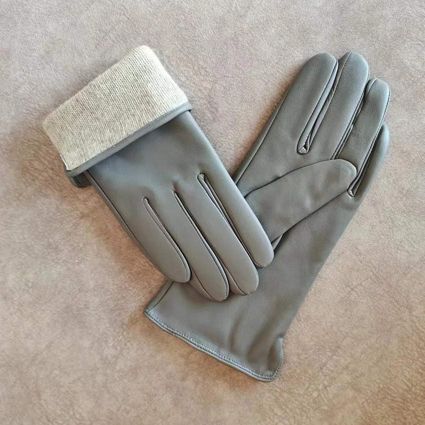 Color Sheepskin Leather Gloves Womens Straight Style Wool Lining Fall/Winter Warm Motorcycle Riding Car Driving Finger Gloves 241225
