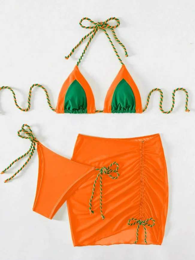 New 3-piece swimsuit womens thong swimsuit sexy striped bikini with sarong drag skiing beach swimsuit yellow greenW241225