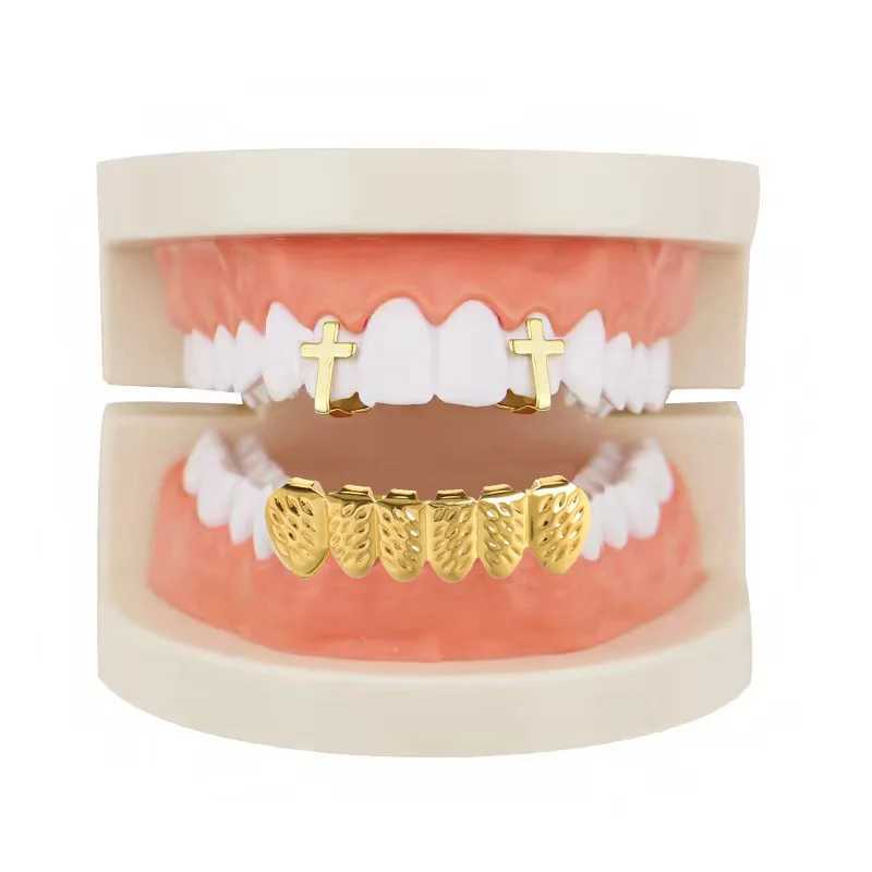 Hip Hop Teeth Cs Grillz With Cross Hollow Out Micro Pave Top Bottom Charm Grills For Men Women Jewelry Party DecorativeXJ241225