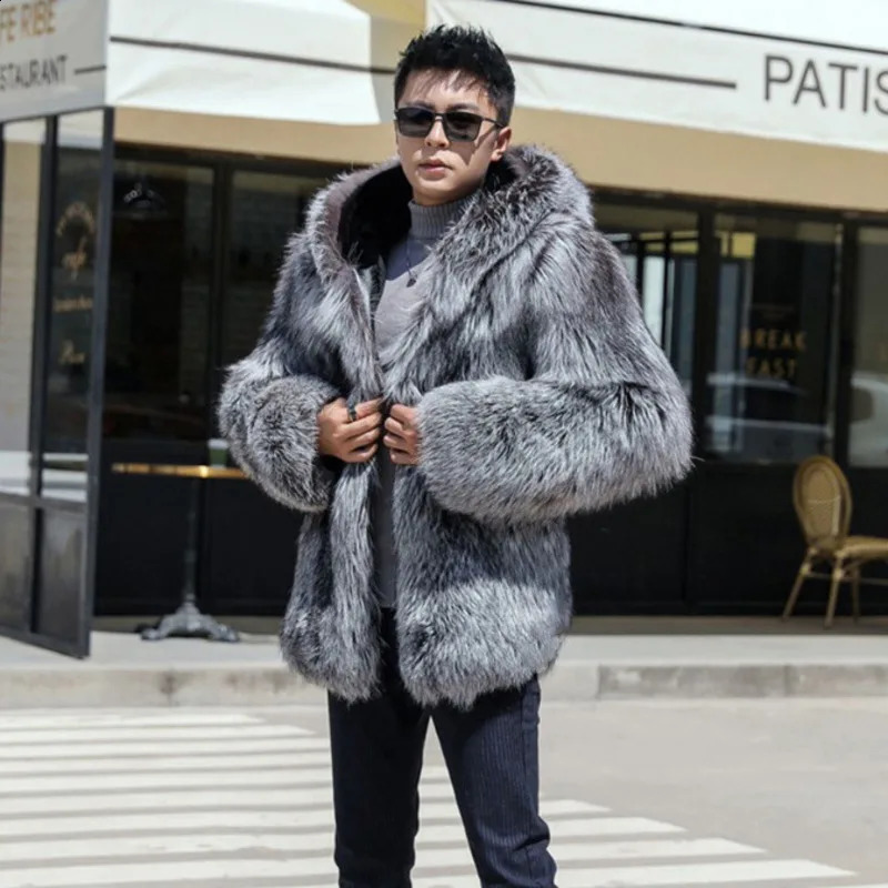 PFNW Hooded Faux Fur Jacket For Men 2024 Loose Fit Thick Winter Coat Soft Silver Grey Causl Padded Liner 12C1170 241223Z