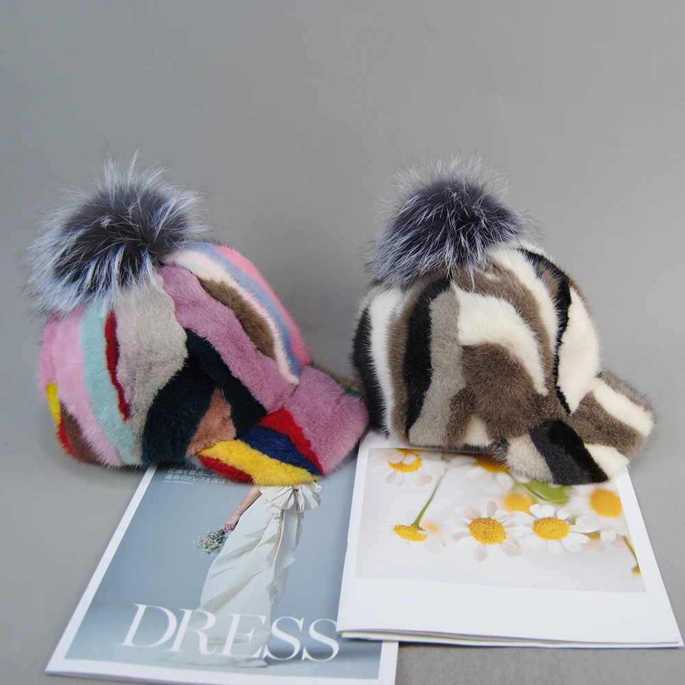 2024 Female Cute Fashion Winter Fox Fur Ball Hat Windproof Colorful Baseball Caps Real Mink Fur Hat Women Thick Warm Russian Cap 241225
