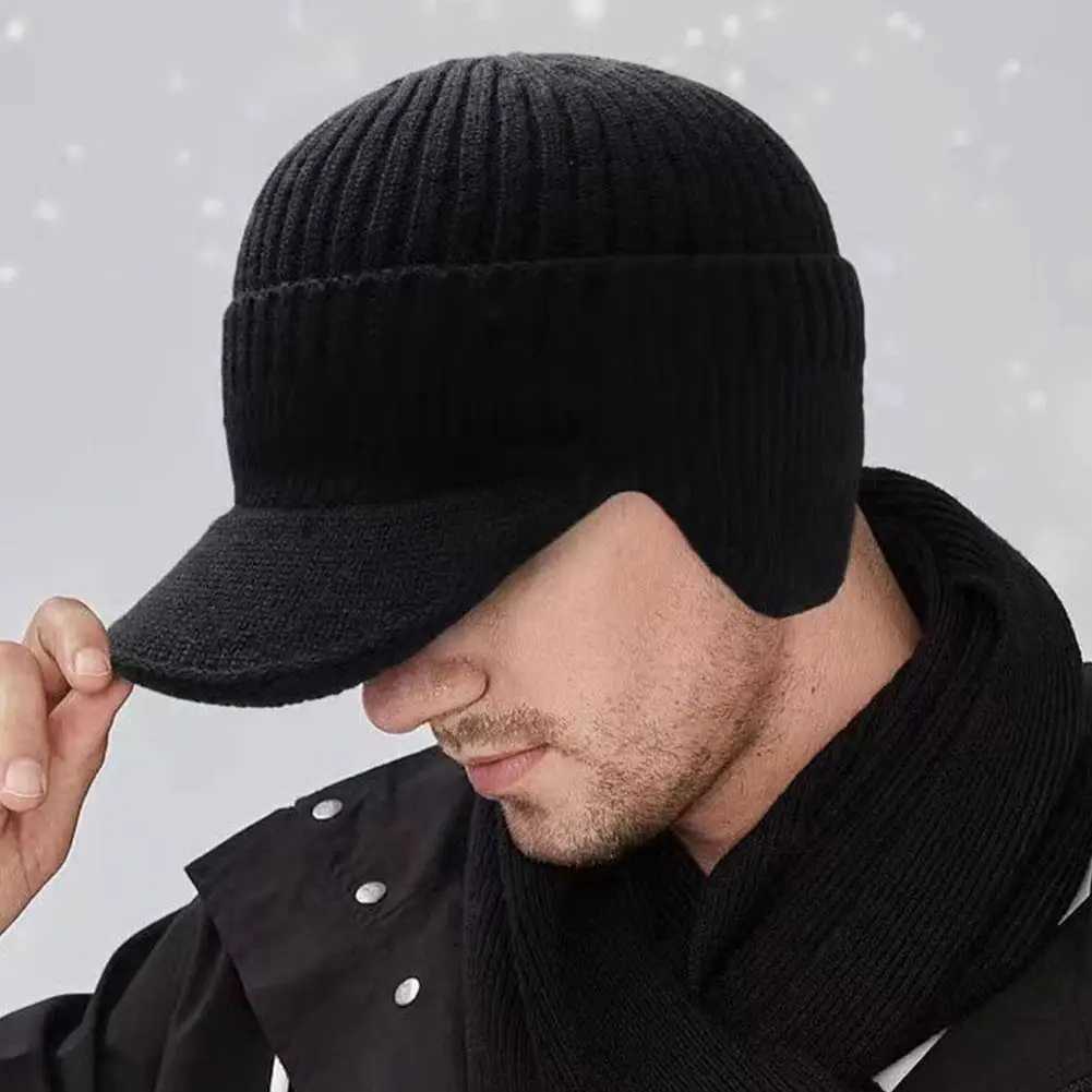 Mens Winter Knitted Hat Outdoor Bicycle Ear Protection Warm Peaked Hat Casual Fashion Sunhat Bomber Skulls Beanies 55-60CM W241225