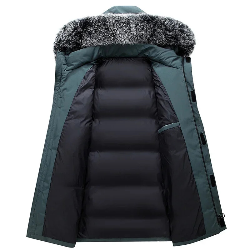 Mens Warm White Duck Down Hooded Jacket Parkas Multi Pockets Overcoat Male Winter Long Men Windproof Coats 241225