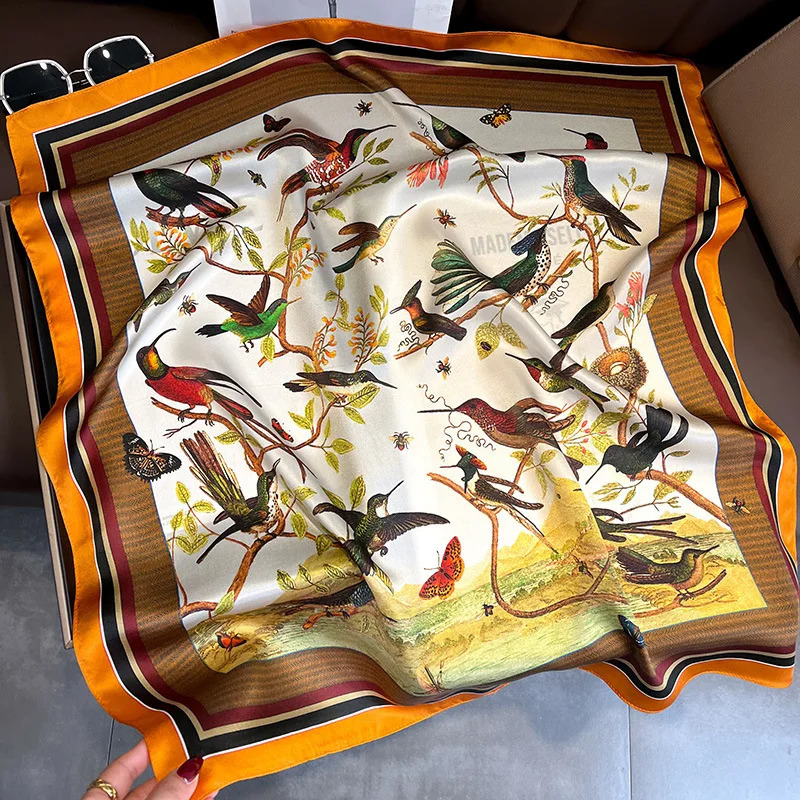 Birds Scarf for Women faux Natural Silk Shawls Foulard Fashion Square Neckerchief Soft Bandana 68cm SD0502 241225