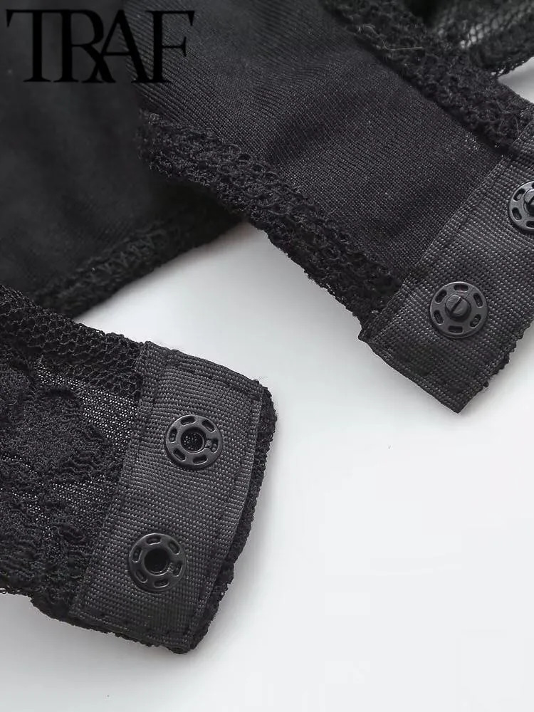 TRAF Sexy Sheer Lace Women Bodysuit Spring Mock Neck Slim Long Sleeve Top Female Playsuit Y2K Jumpsuits Black 241225