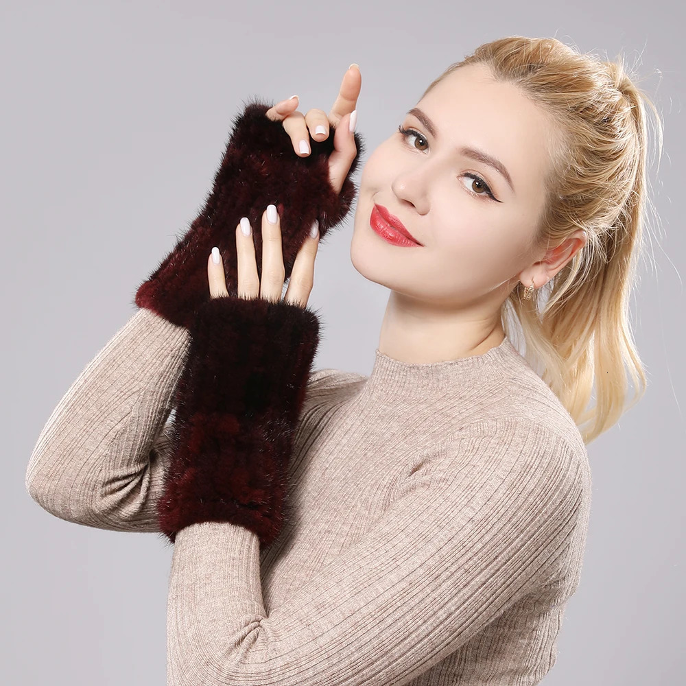 Women 100% Real Genuine Knitted Mink Fur Mittens Winter Warm Lady Real Fur Fingerless Gloves Handmade Knit Mink Fur Mitten 241225ww12