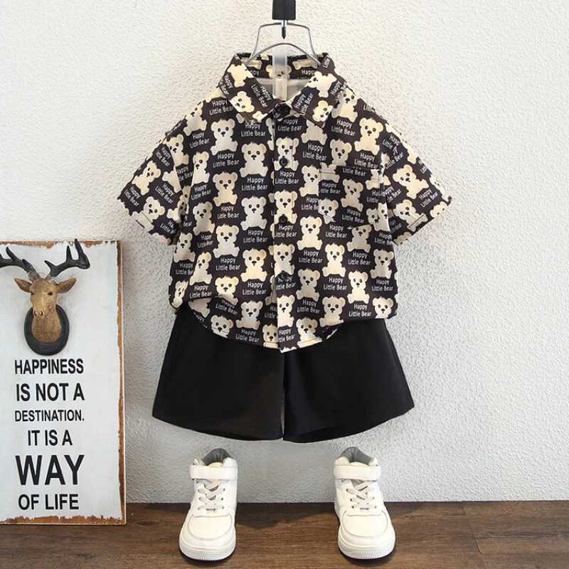 Clothing Sets Summer Children Boy Clothes Set Kid Cartoon Bear Shirts and Shorts 2pcs Suit Fashion Single Breasted Top Black Bottom OutfitsY2412251HDF