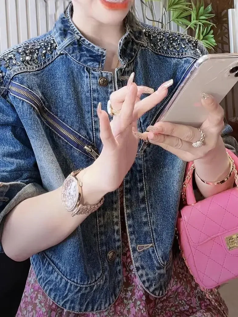Cropped European Style Womens Denim Short Jacket Embroidery High-end Feel Super Chic Unique Spring Autumn 241223