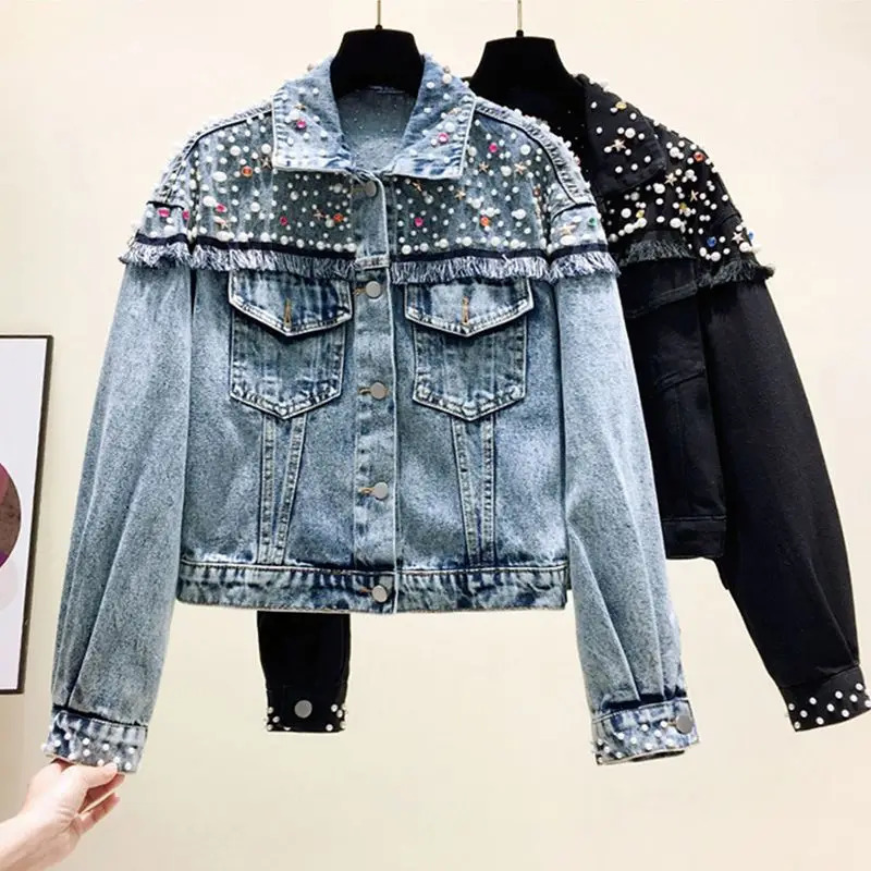 Women Denim Jacket Spring Autumn Beading Tassel Streetwear Casual Denim Jacket High Street Korean Fringe Loose Coat 3XL 241223
