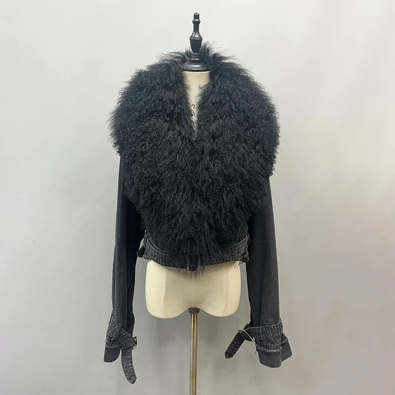 Arrivals Fluffly Real Mongolian Fur Denim Jacket Women Big Collar Natural Fur Coat Lady Fashion Denim Coat 241220
