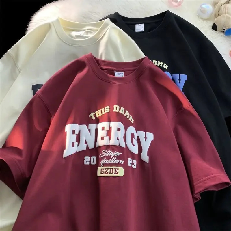 Pure cotton American retro t shirt heavyweight short sleeved men and women oversize loose summer trendy couple tops men clothing 241224