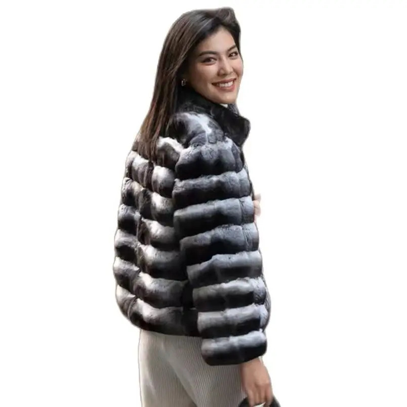 2024 womens Chinchilla striped jacket Real Rex Rabbit fur allinone coat length 60cm package mail winter thic 241225